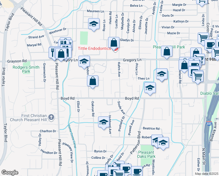 map of restaurants, bars, coffee shops, grocery stores, and more near 486 Turrin Drive in Pleasant Hill