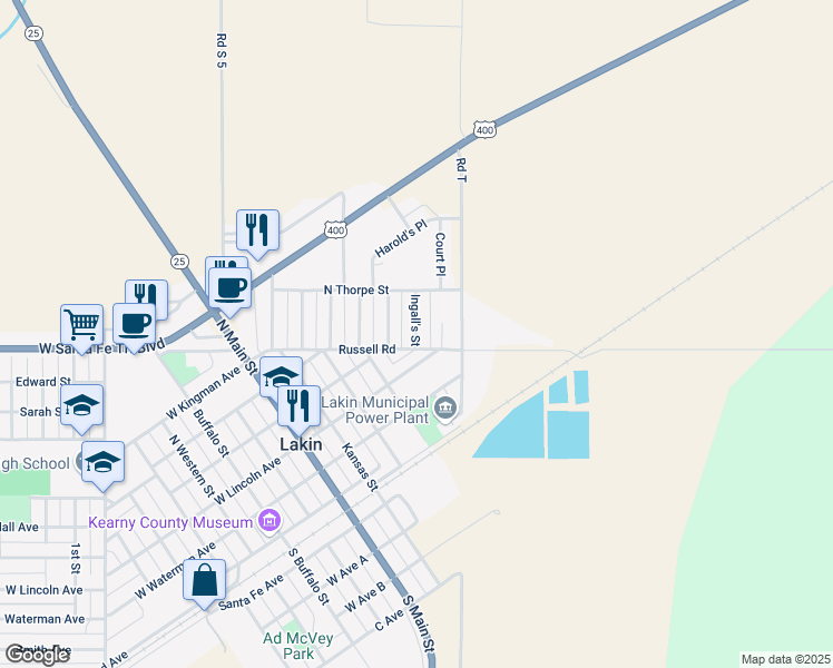 map of restaurants, bars, coffee shops, grocery stores, and more near Russell Road in Lakin
