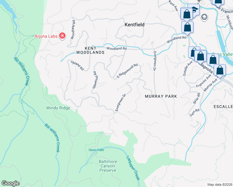 map of restaurants, bars, coffee shops, grocery stores, and more near 216 Evergreen Drive in Kentfield