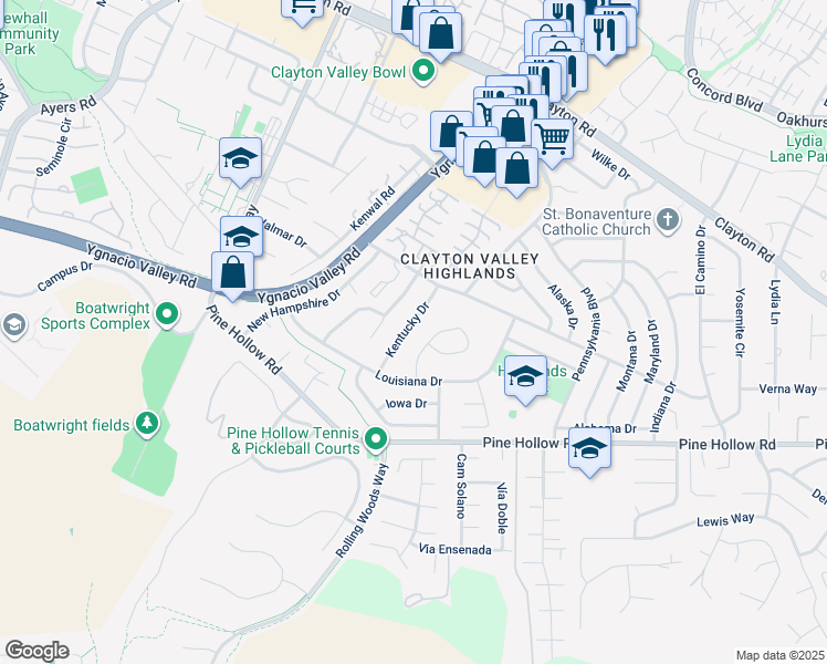 map of restaurants, bars, coffee shops, grocery stores, and more near 1307 Kentucky Drive in Concord
