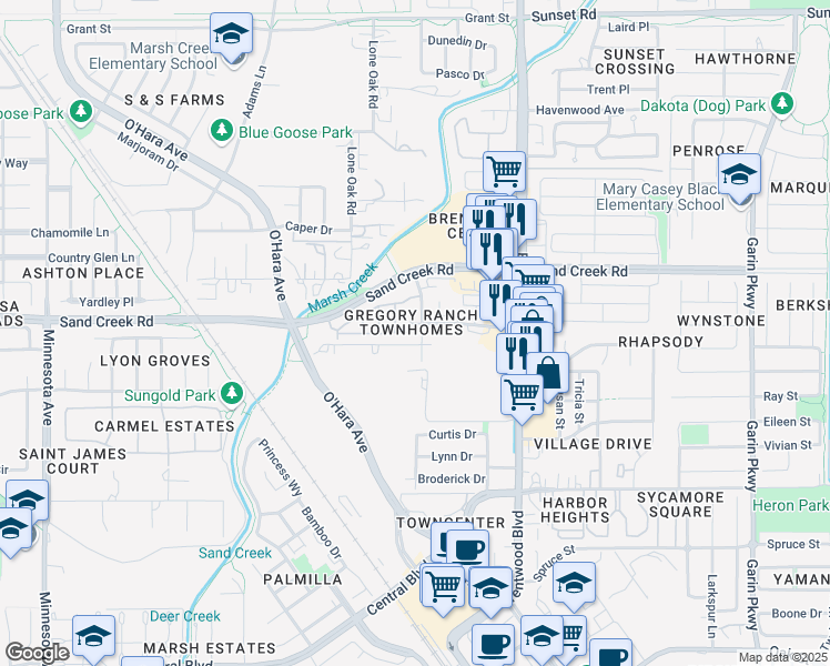 map of restaurants, bars, coffee shops, grocery stores, and more near 1330 Harrison Lane in Brentwood