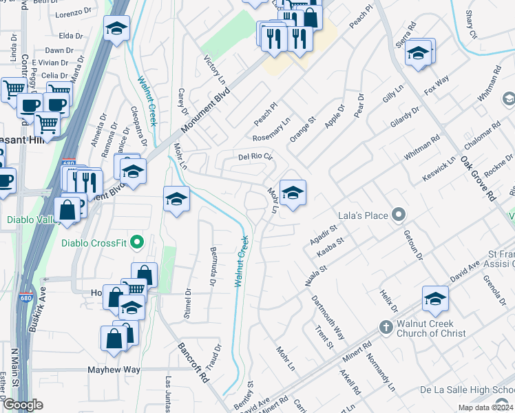 map of restaurants, bars, coffee shops, grocery stores, and more near 1033 Mohr Lane in Concord