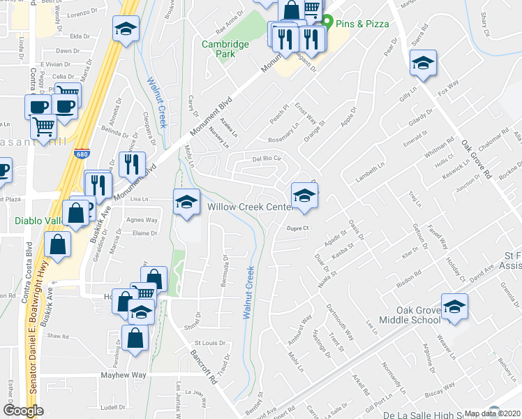 map of restaurants, bars, coffee shops, grocery stores, and more near 1360 Del Rio Court in Concord
