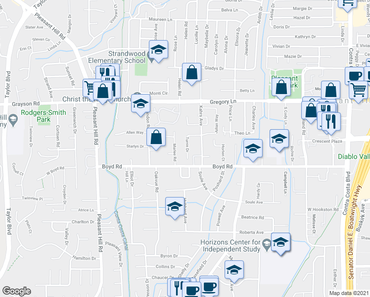 map of restaurants, bars, coffee shops, grocery stores, and more near 486 Turrin Drive in Pleasant Hill