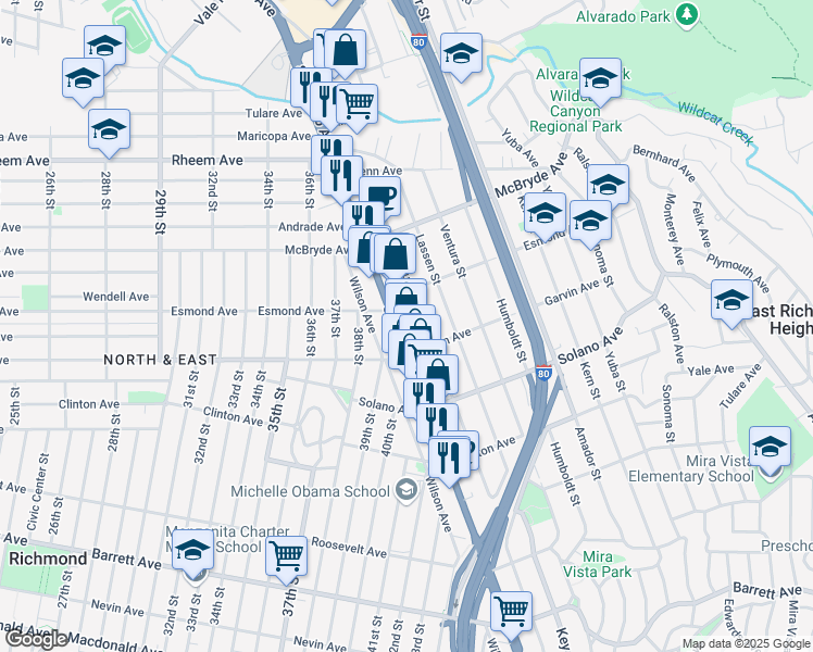 map of restaurants, bars, coffee shops, grocery stores, and more near 12719 San Pablo Avenue in Richmond