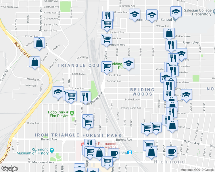 map of restaurants, bars, coffee shops, grocery stores, and more near 1341 Garvin Avenue in Richmond
