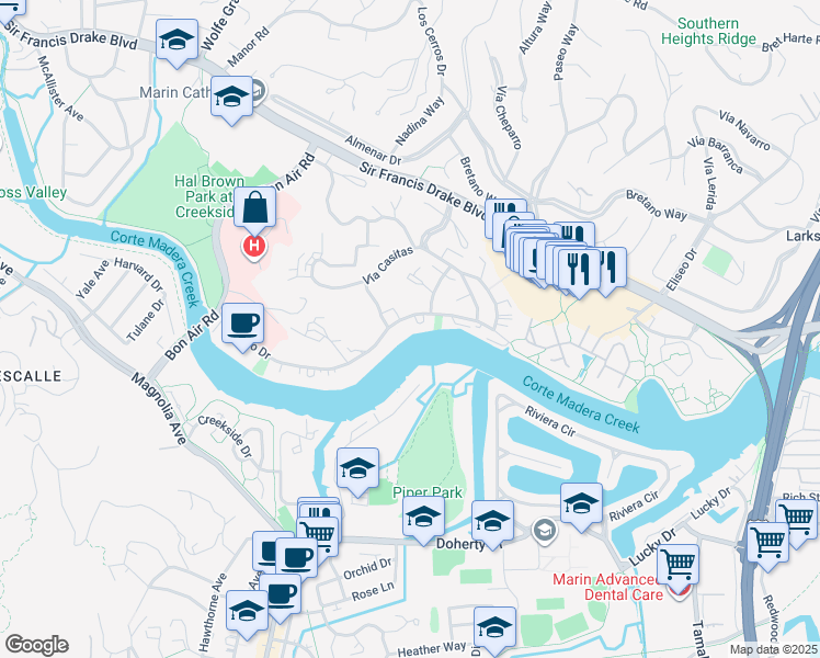 map of restaurants, bars, coffee shops, grocery stores, and more near 709 South Eliseo Drive in Larkspur