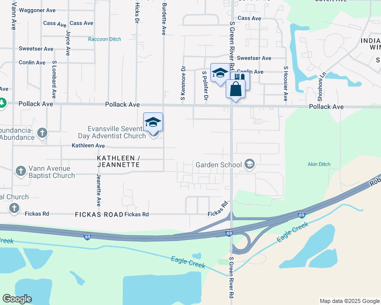 map of restaurants, bars, coffee shops, grocery stores, and more near 4400-4798 Chatham Drive in Evansville