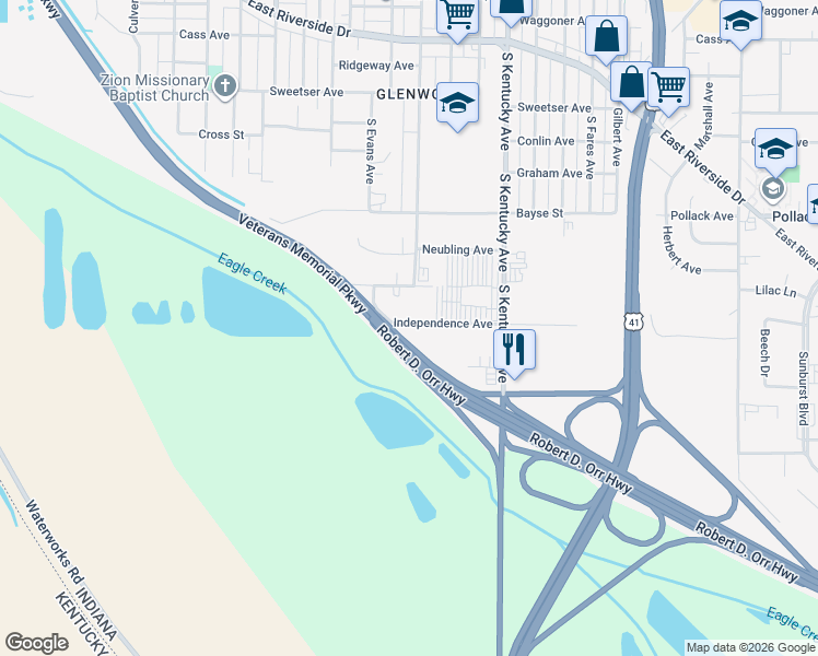 map of restaurants, bars, coffee shops, grocery stores, and more near Robert D. Orr Highway in Evansville