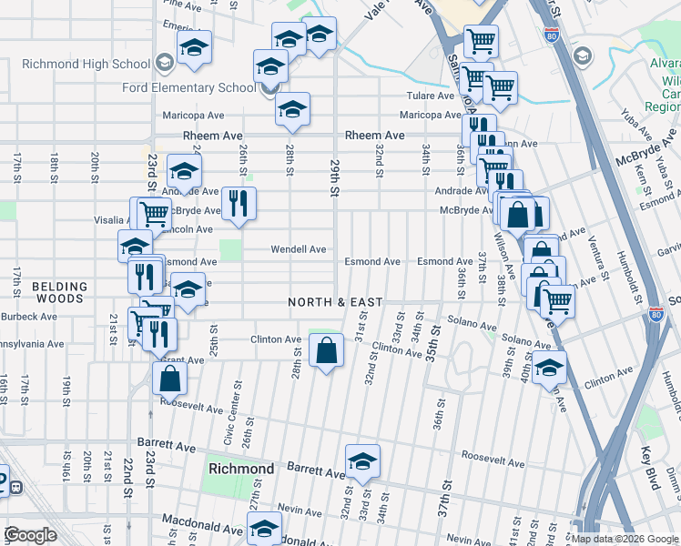 map of restaurants, bars, coffee shops, grocery stores, and more near in Richmond