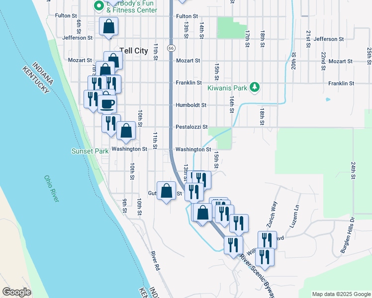 map of restaurants, bars, coffee shops, grocery stores, and more near 300 13th Street in Tell City