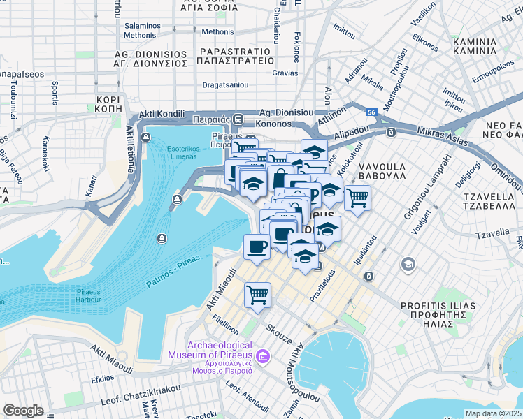 map of restaurants, bars, coffee shops, grocery stores, and more near in Pireas
