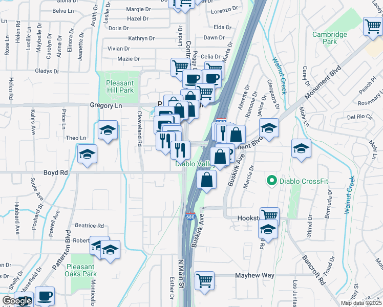 map of restaurants, bars, coffee shops, grocery stores, and more near 2300 Contra Costa Boulevard in Pleasant Hill