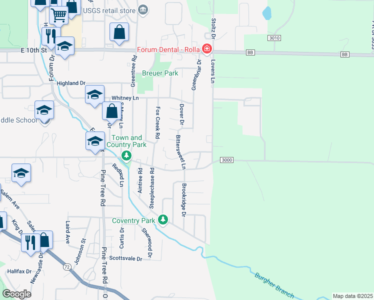 map of restaurants, bars, coffee shops, grocery stores, and more near 1805 Ashwood Drive in Rolla