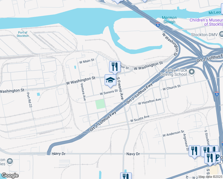 map of restaurants, bars, coffee shops, grocery stores, and more near 1735 West Sonora Street in Stockton