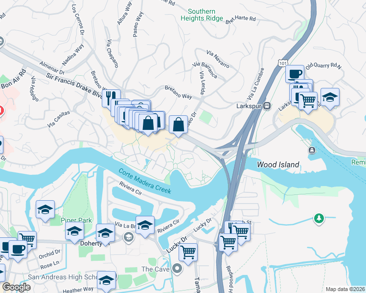 map of restaurants, bars, coffee shops, grocery stores, and more near 500 Drakes Landing Road in Larkspur