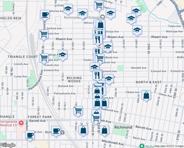map of restaurants, bars, coffee shops, grocery stores, and more near 2109 Esmond Avenue in Richmond