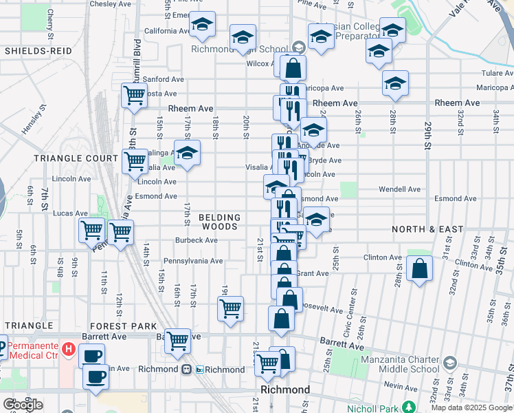 map of restaurants, bars, coffee shops, grocery stores, and more near 2027 Gaynor Avenue in Richmond