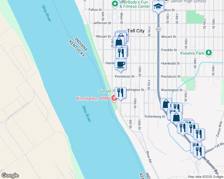 map of restaurants, bars, coffee shops, grocery stores, and more near 301 7th Street in Cannelton