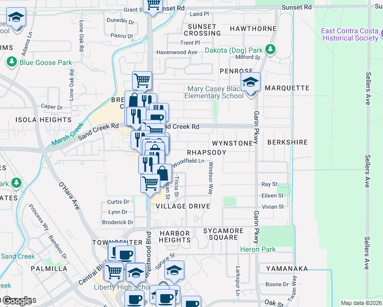 map of restaurants, bars, coffee shops, grocery stores, and more near 156 Scott Creek Way in Brentwood