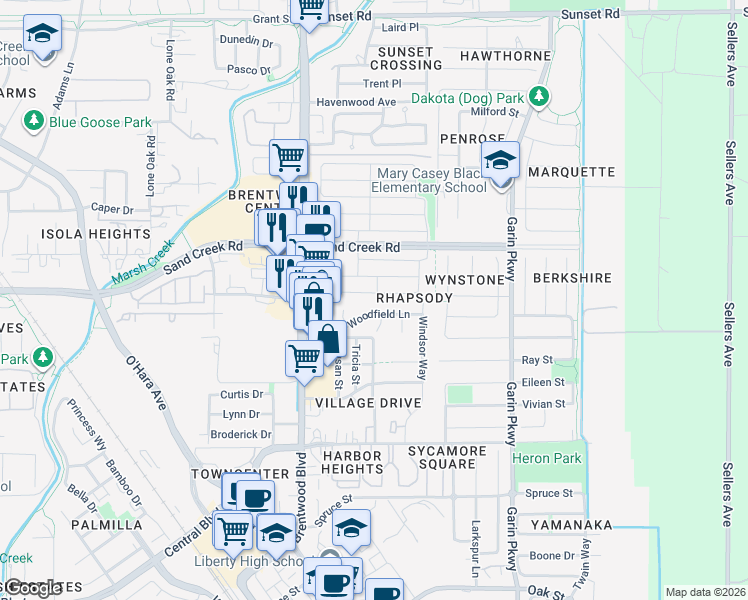 map of restaurants, bars, coffee shops, grocery stores, and more near 144 Scott Creek Way in Brentwood