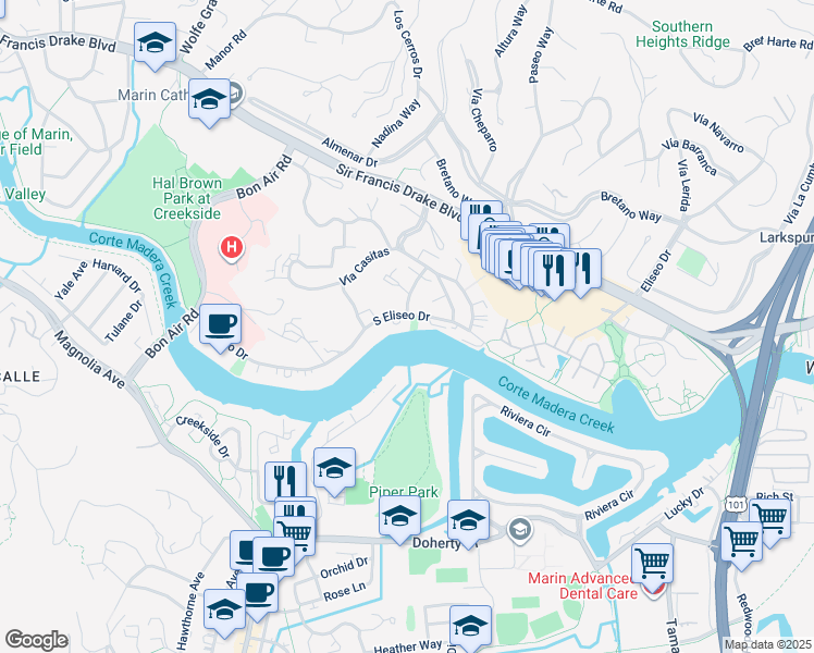 map of restaurants, bars, coffee shops, grocery stores, and more near 588 Vía Belardo in Larkspur