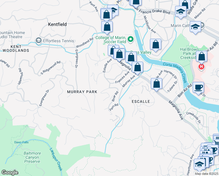 map of restaurants, bars, coffee shops, grocery stores, and more near Briar Rd & Black Log Rd in Kentfield