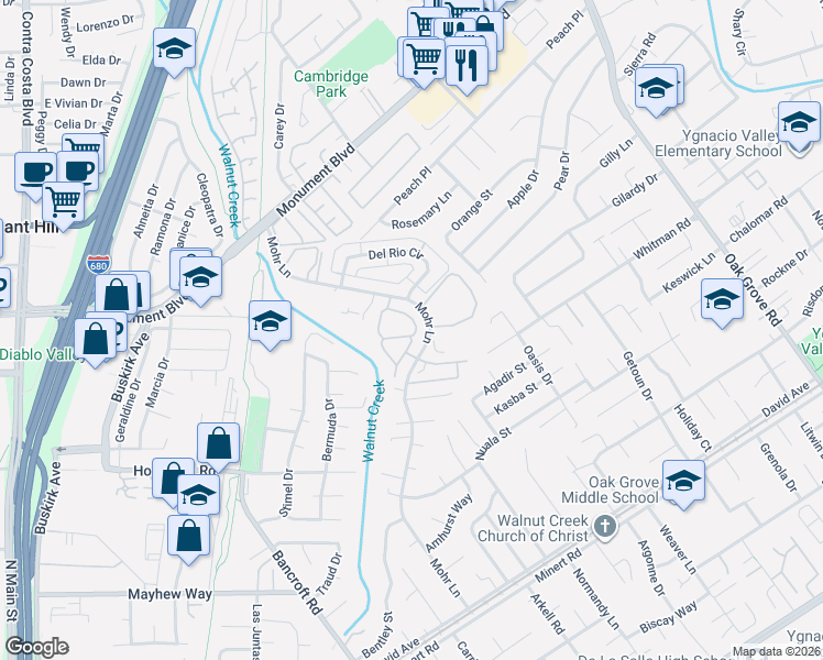 map of restaurants, bars, coffee shops, grocery stores, and more near 1045 Mohr Lane in Concord