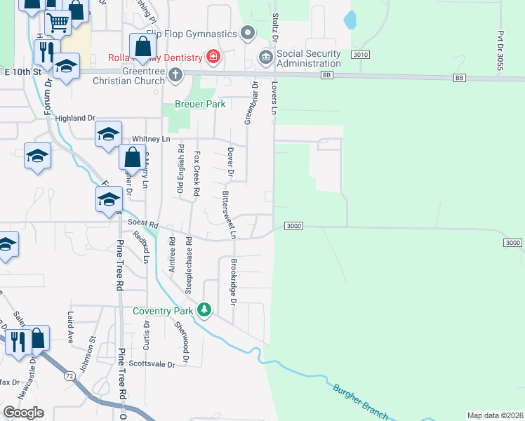 map of restaurants, bars, coffee shops, grocery stores, and more near 1817 Ashwood Drive in Rolla