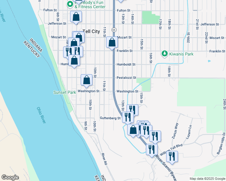 map of restaurants, bars, coffee shops, grocery stores, and more near 300 12th Street in Tell City