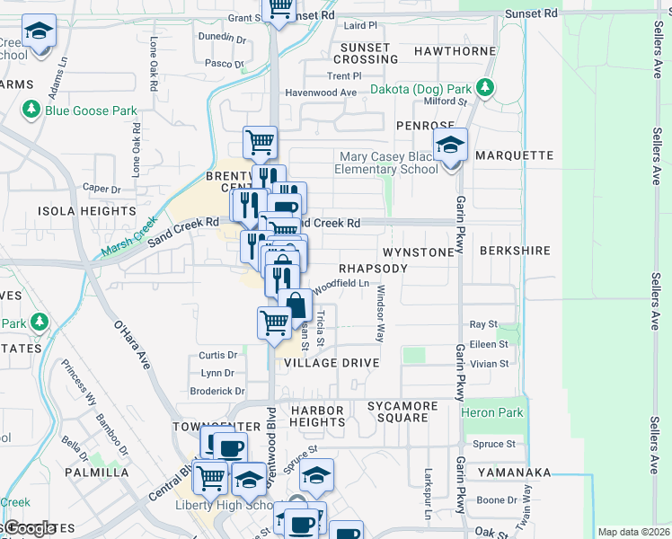 map of restaurants, bars, coffee shops, grocery stores, and more near 144 Scott Creek Way in Brentwood