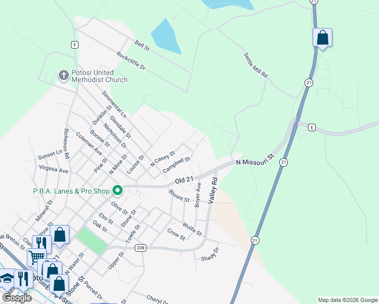 map of restaurants, bars, coffee shops, grocery stores, and more near 10015 Ryan Lane in Potosi