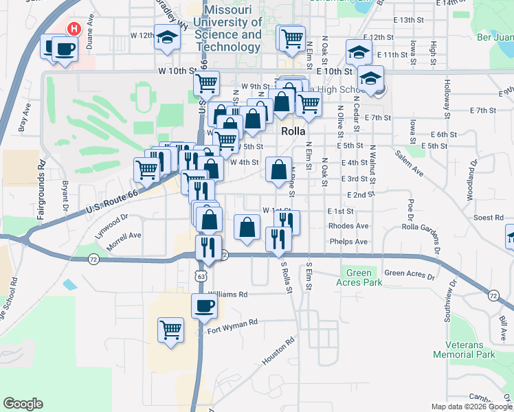 map of restaurants, bars, coffee shops, grocery stores, and more near 407 West 2nd Street in Rolla