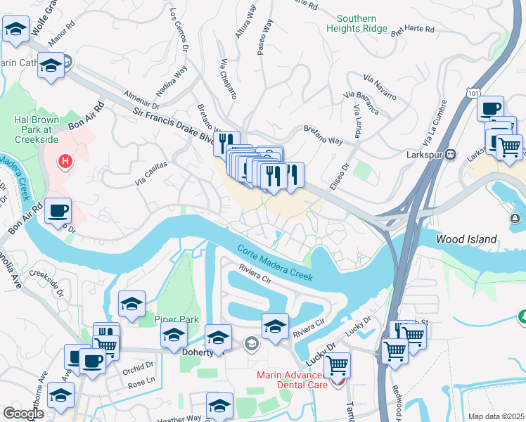 map of restaurants, bars, coffee shops, grocery stores, and more near 14 Mark Place in Larkspur