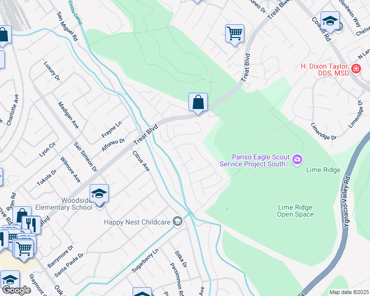 map of restaurants, bars, coffee shops, grocery stores, and more near 3510 Torino Way in Concord