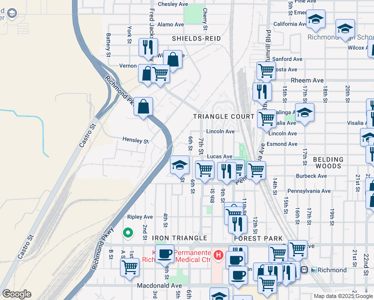 map of restaurants, bars, coffee shops, grocery stores, and more near 817 6th Street in Richmond
