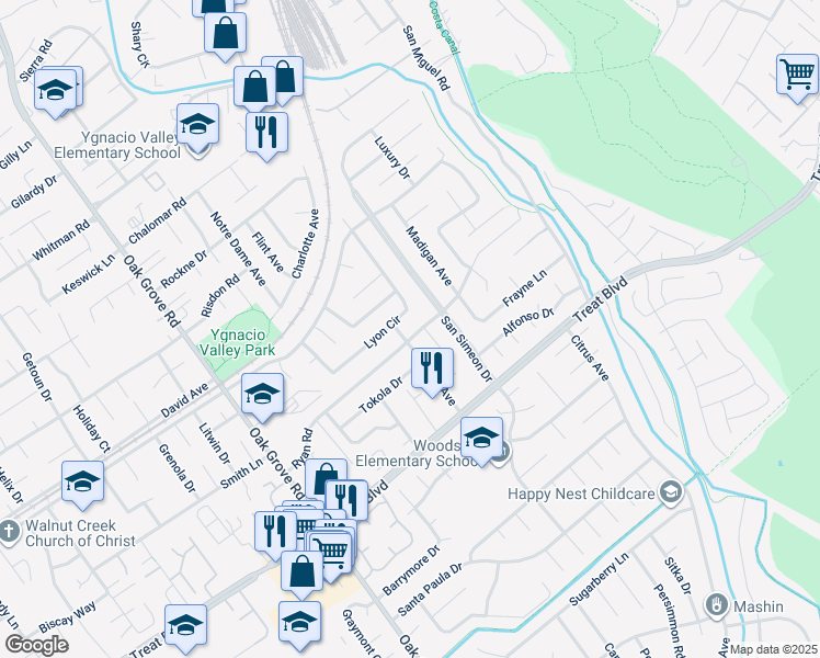 map of restaurants, bars, coffee shops, grocery stores, and more near 2765 Ryan Road in Concord