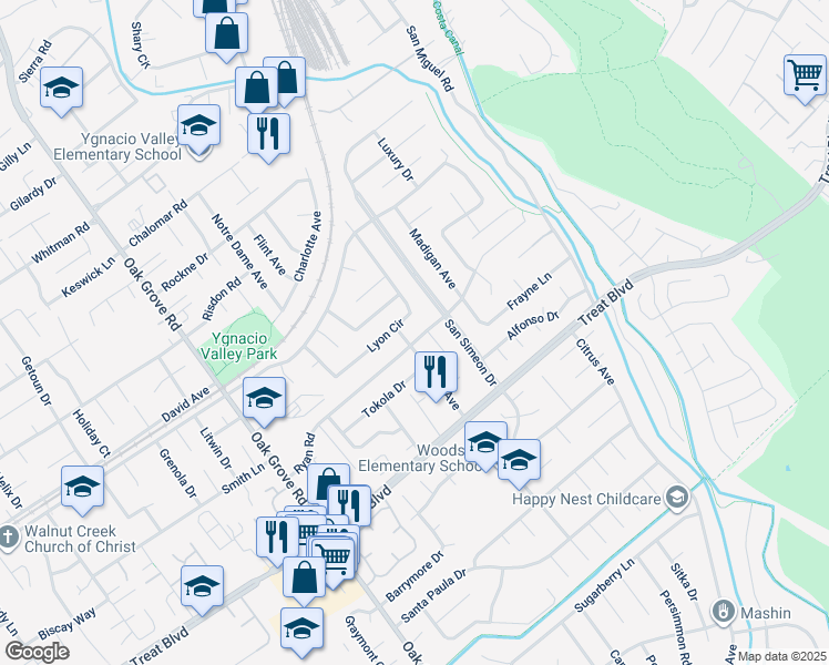 map of restaurants, bars, coffee shops, grocery stores, and more near 2765 Ryan Road in Concord