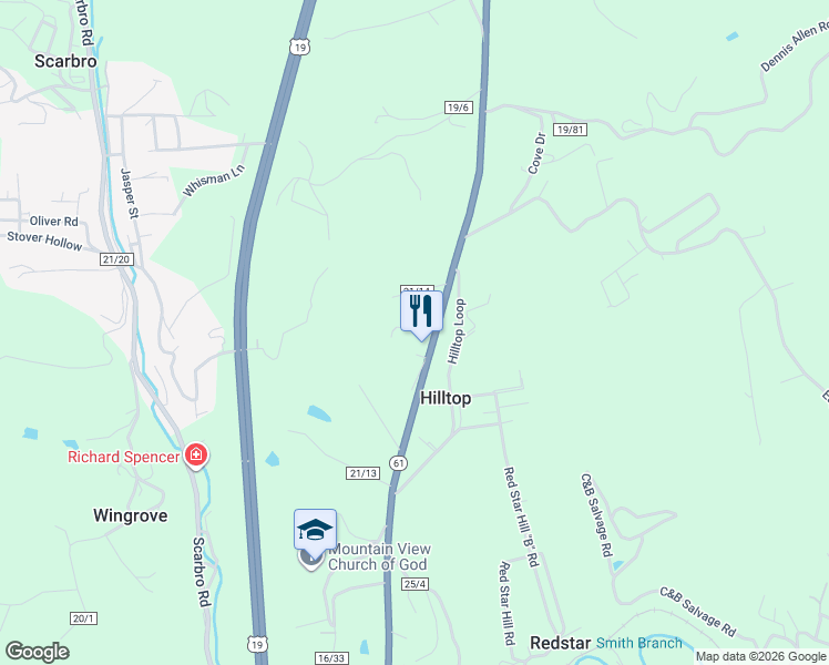 map of restaurants, bars, coffee shops, grocery stores, and more near 122 Hilltop Loop in Hilltop