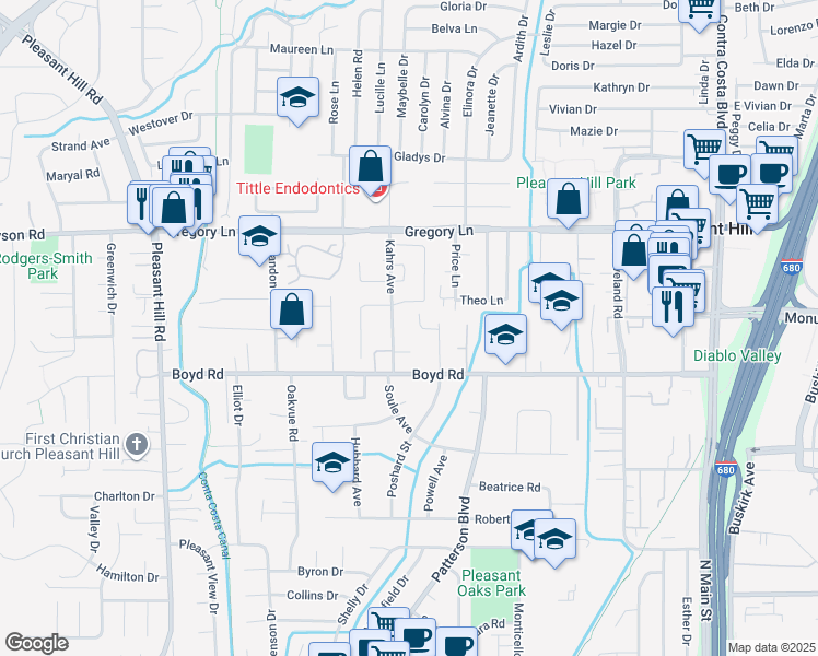 map of restaurants, bars, coffee shops, grocery stores, and more near in Pleasant Hill