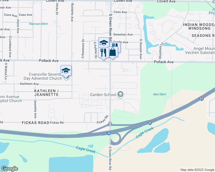 map of restaurants, bars, coffee shops, grocery stores, and more near 2315 South Green River Road in Evansville