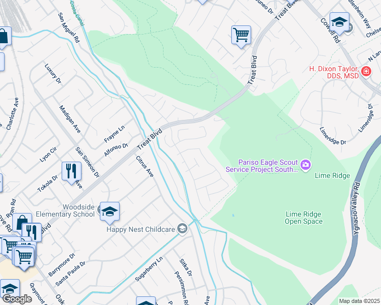 map of restaurants, bars, coffee shops, grocery stores, and more near 3510 Torino Way in Concord
