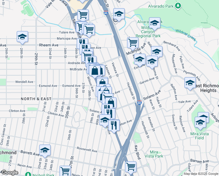 map of restaurants, bars, coffee shops, grocery stores, and more near 869 Lassen Street in Richmond