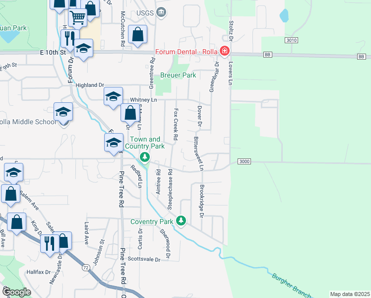 map of restaurants, bars, coffee shops, grocery stores, and more near 1600 Pilgrim Place in Rolla
