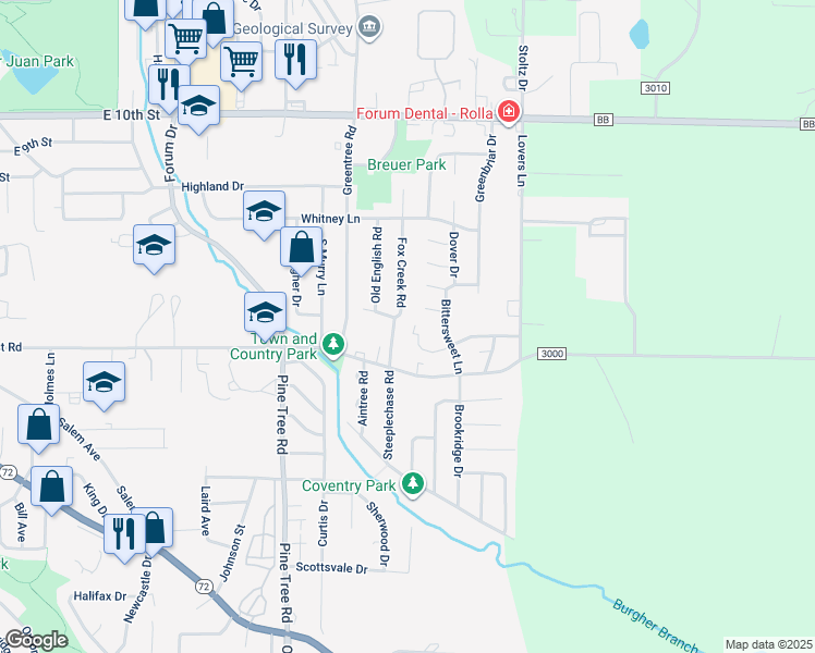 map of restaurants, bars, coffee shops, grocery stores, and more near 1600 Pilgrim Place in Rolla