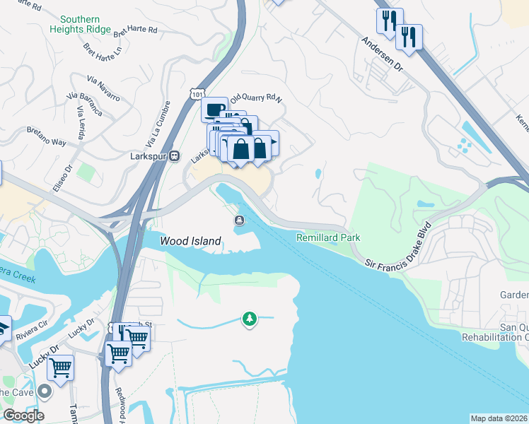 map of restaurants, bars, coffee shops, grocery stores, and more near East Sir Francis Drake Boulevard in Larkspur