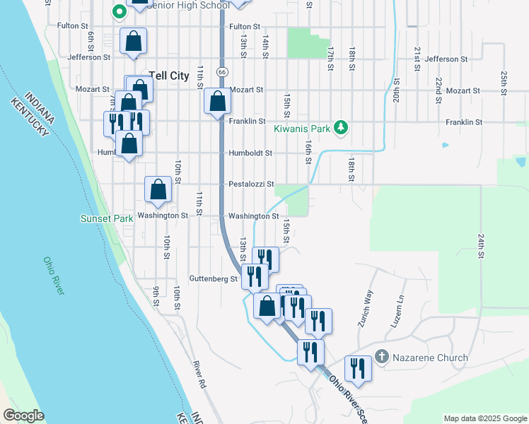 map of restaurants, bars, coffee shops, grocery stores, and more near 300 14th Street in Tell City
