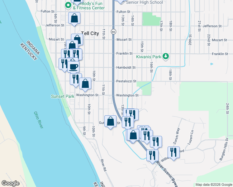 map of restaurants, bars, coffee shops, grocery stores, and more near 300-398 12th St in Tell City