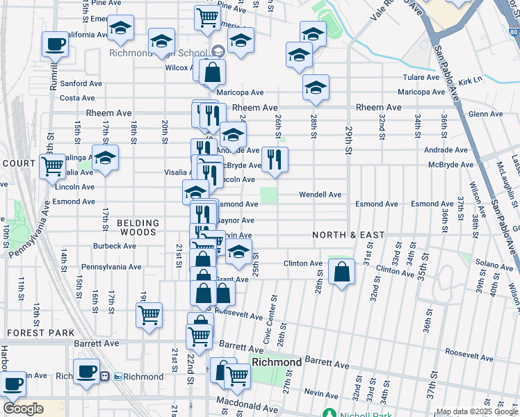 map of restaurants, bars, coffee shops, grocery stores, and more near 2502 Esmond Avenue in Richmond