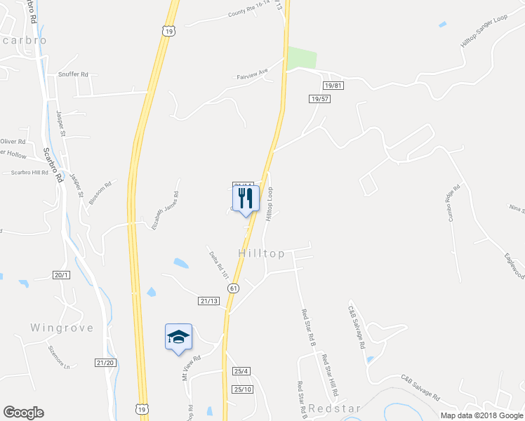 map of restaurants, bars, coffee shops, grocery stores, and more near 122 Hilltop Loop in Hilltop